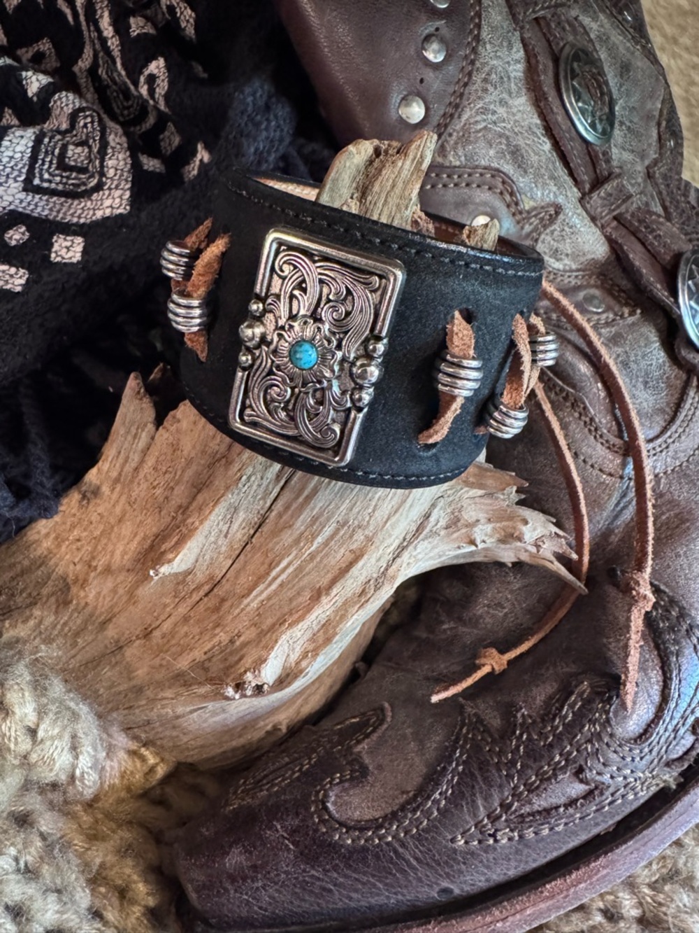 OOAK Artisan Genuine Leather Western Cuff Bracelet with Turquoise Accent